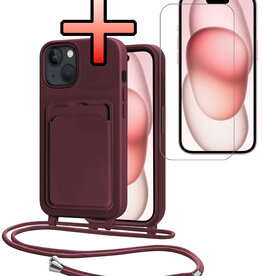 NoXx NoXx iPhone 15 Hoesje Pashouder met Koord Met Screenprotector - Aubergine