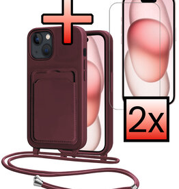NoXx NoXx iPhone 15 Hoesje Pashouder met Koord Met 2x Screenprotector - Aubergine