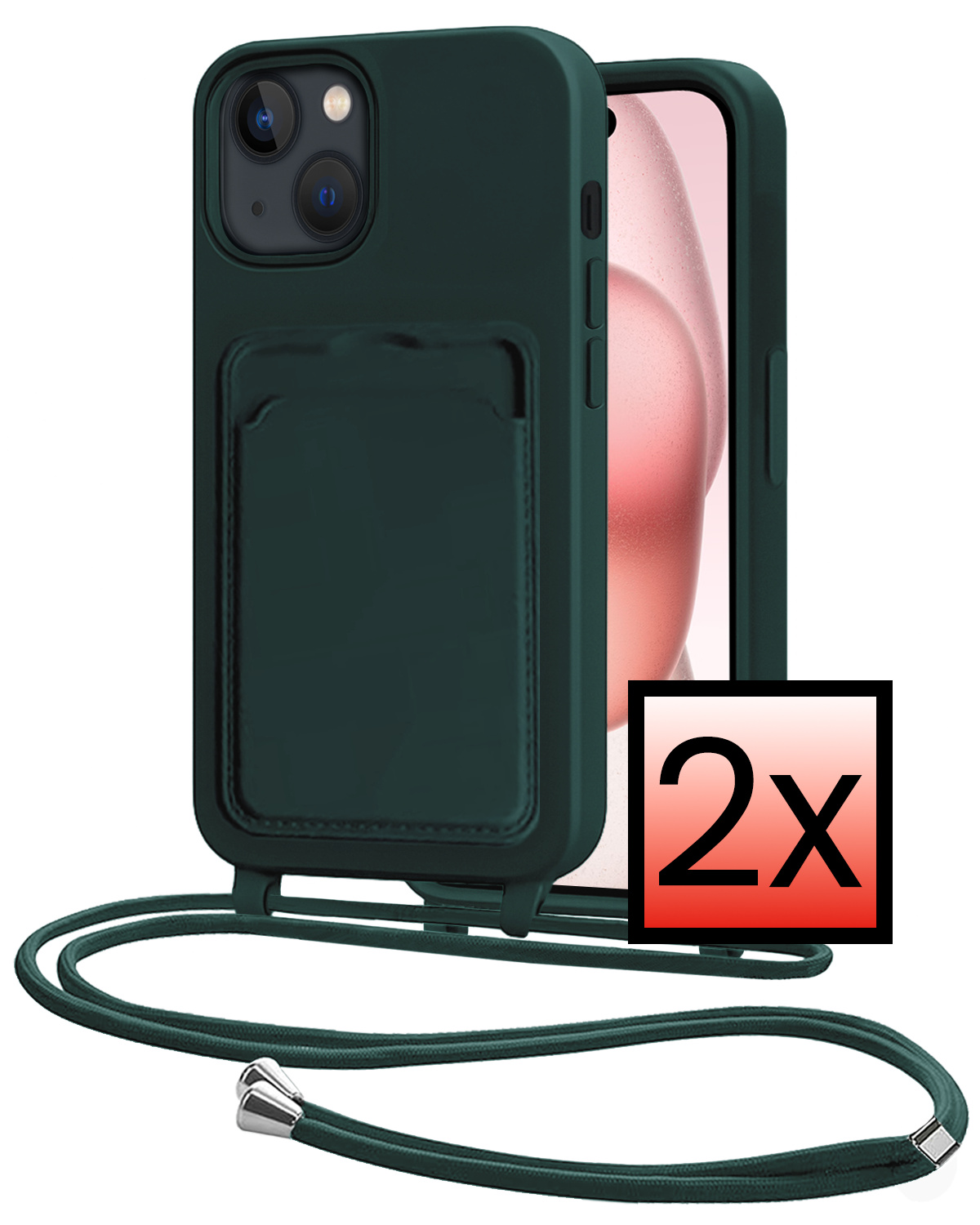 NoXx NoXx iPhone 15 Hoesje Pashouder met Koord - Donkergroen - 2 PACK