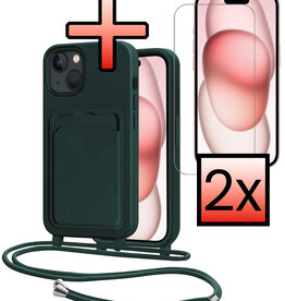 NoXx NoXx iPhone 15 Hoesje Pashouder met Koord Met 2x Screenprotector - Donkergroen