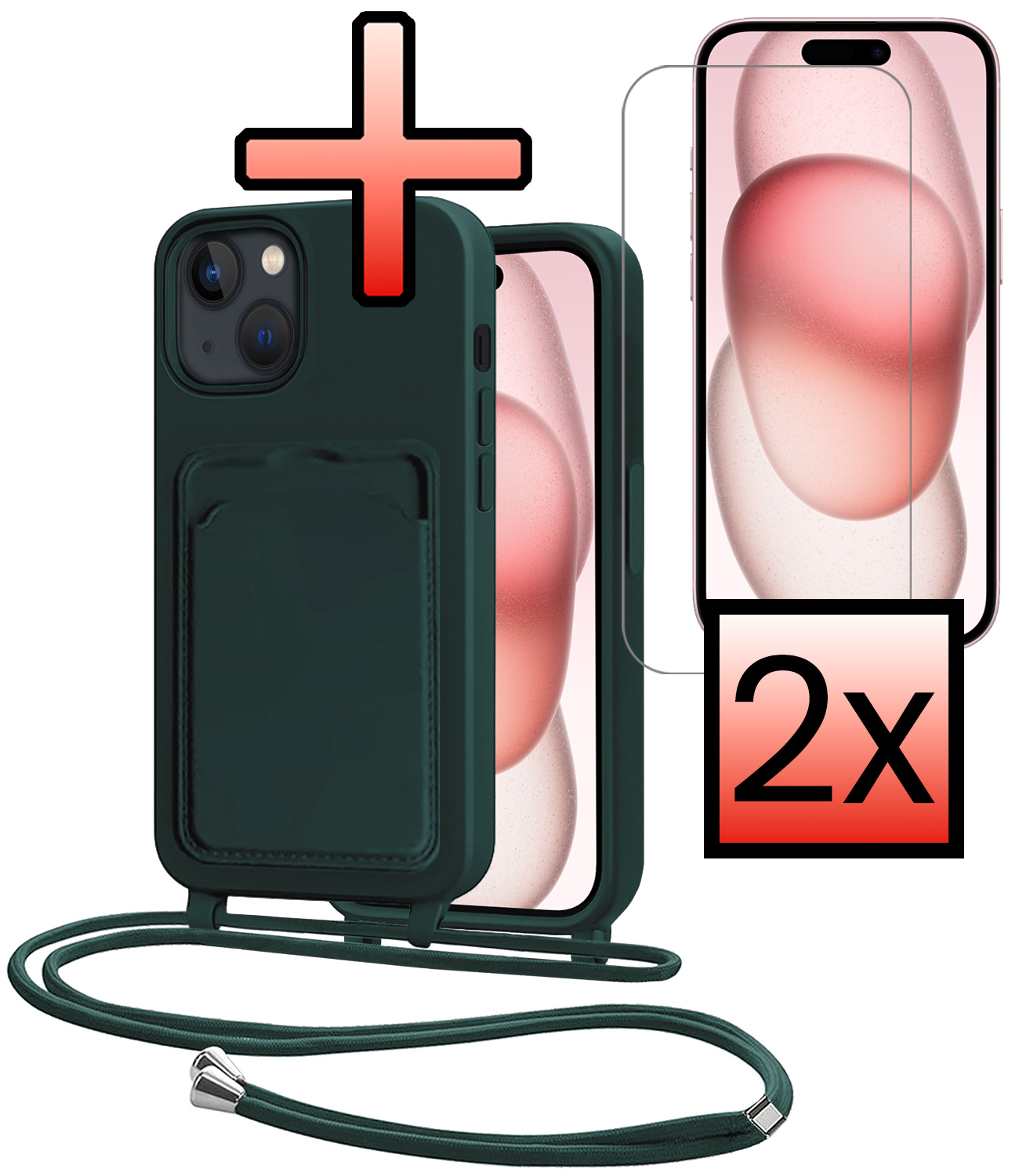 NoXx NoXx iPhone 15 Hoesje Pashouder met Koord Met 2x Screenprotector - Donkergroen