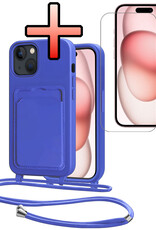 NoXx NoXx iPhone 15 Hoesje Pashouder met Koord Met Screenprotector - Fel Blauw