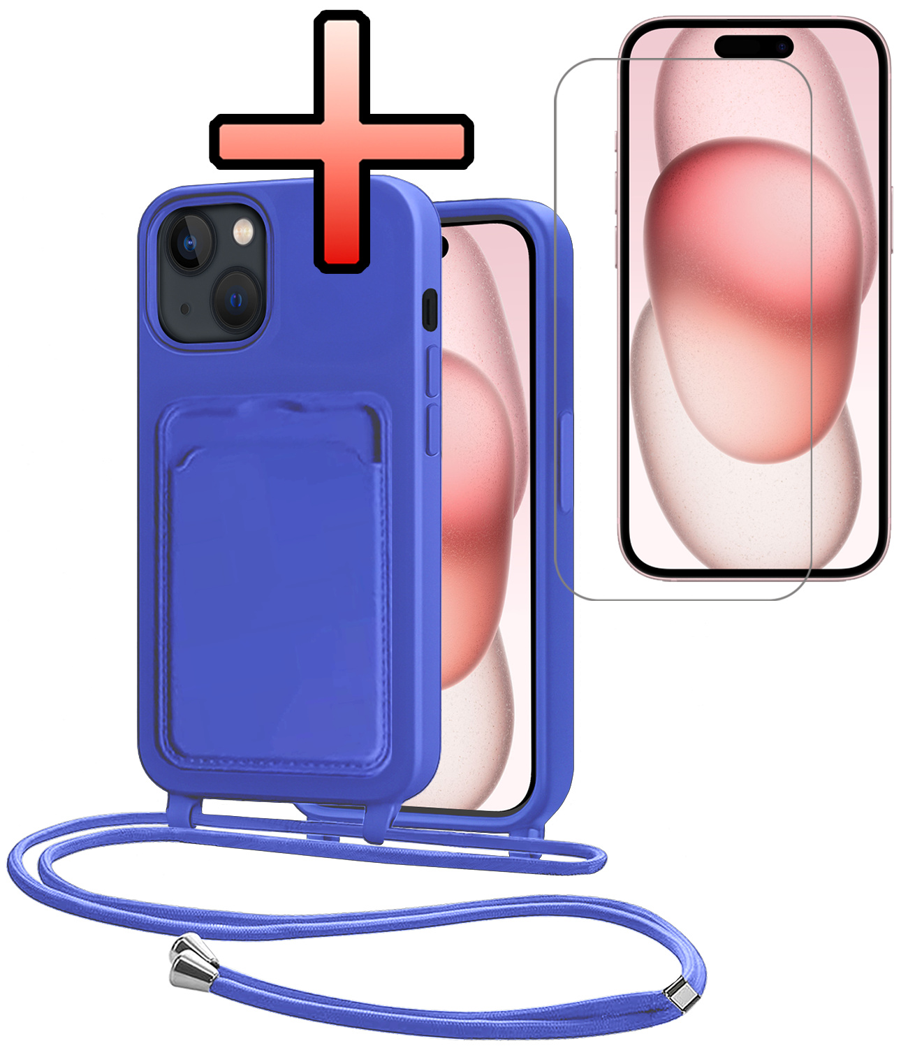 NoXx NoXx iPhone 15 Hoesje Pashouder met Koord Met Screenprotector - Fel Blauw