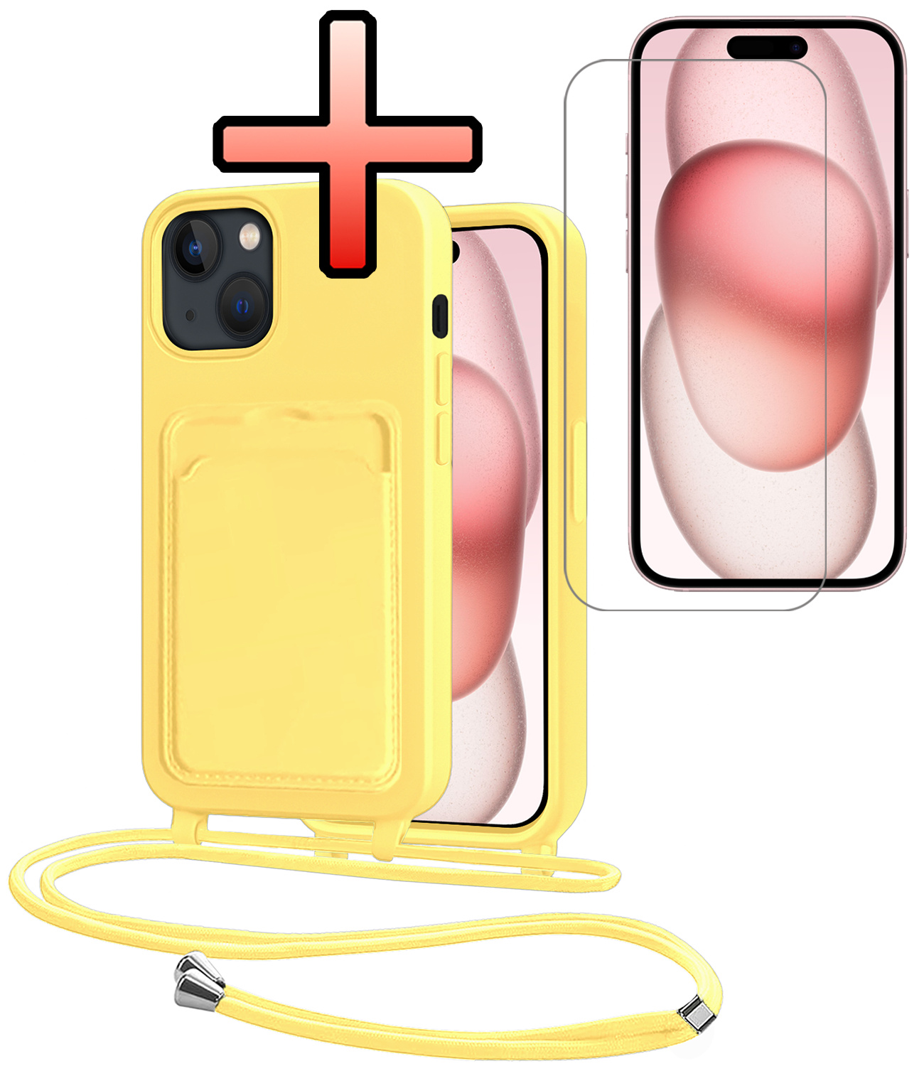 NoXx NoXx iPhone 15 Hoesje Pashouder met Koord Met Screenprotector - Geel