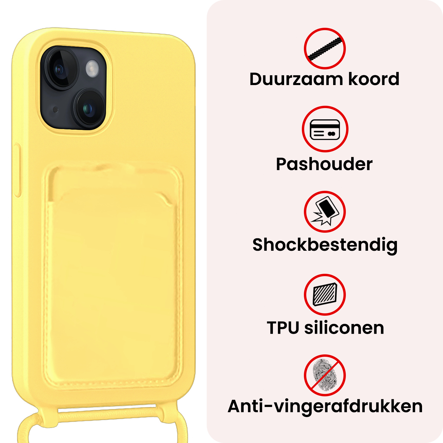NoXx NoXx iPhone 15 Hoesje Pashouder met Koord Met Screenprotector - Geel