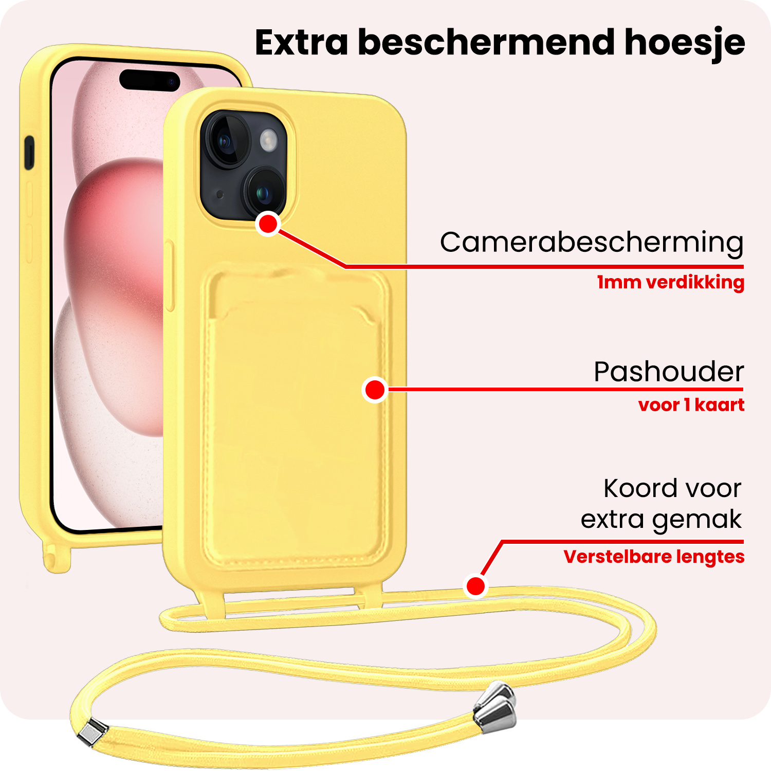 NoXx NoXx iPhone 15 Hoesje Pashouder met Koord Met Screenprotector - Geel