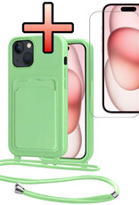 NoXx NoXx iPhone 15 Hoesje Pashouder met Koord Met Screenprotector - Groen