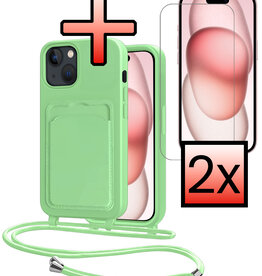 NoXx NoXx iPhone 15 Hoesje Pashouder met Koord Met 2x Screenprotector - Groen