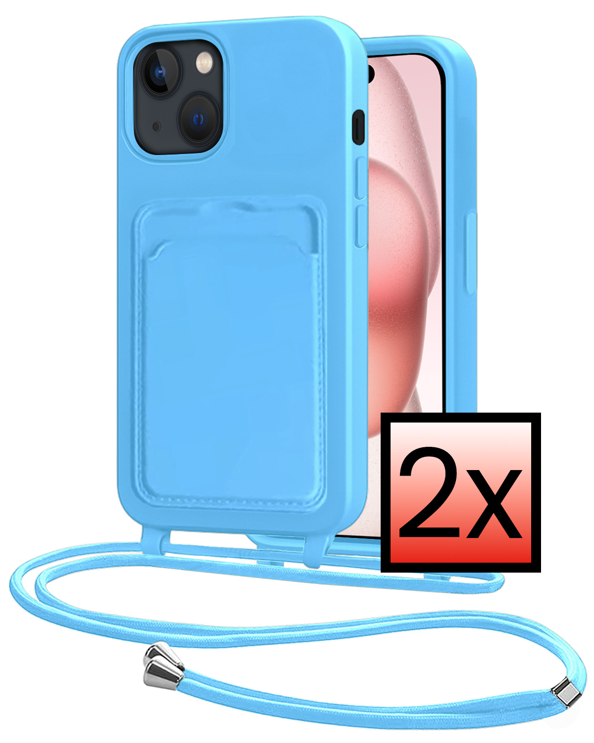 NoXx NoXx iPhone 15 Hoesje Pashouder met Koord - Lichtblauw - 2 PACK