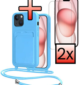 NoXx NoXx iPhone 15 Hoesje Pashouder met Koord Met 2x Screenprotector - Lichtblauw
