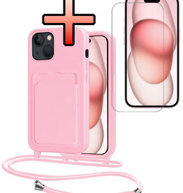 NoXx NoXx iPhone 15 Hoesje Pashouder met Koord Met Screenprotector - Lichtroze