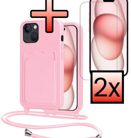 NoXx NoXx iPhone 15 Hoesje Pashouder met Koord Met 2x Screenprotector - Lichtroze