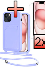 NoXx NoXx iPhone 15 Hoesje Pashouder met Koord Met 2x Screenprotector - Lila