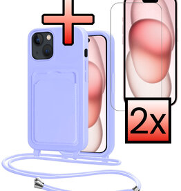 NoXx NoXx iPhone 15 Hoesje Pashouder met Koord Met 2x Screenprotector - Lila