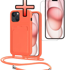 NoXx NoXx iPhone 15 Hoesje Pashouder met Koord Met Screenprotector - Papaya