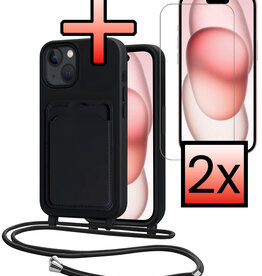 NoXx NoXx iPhone 15 Hoesje Pashouder met Koord Met 2x Screenprotector - Zwart