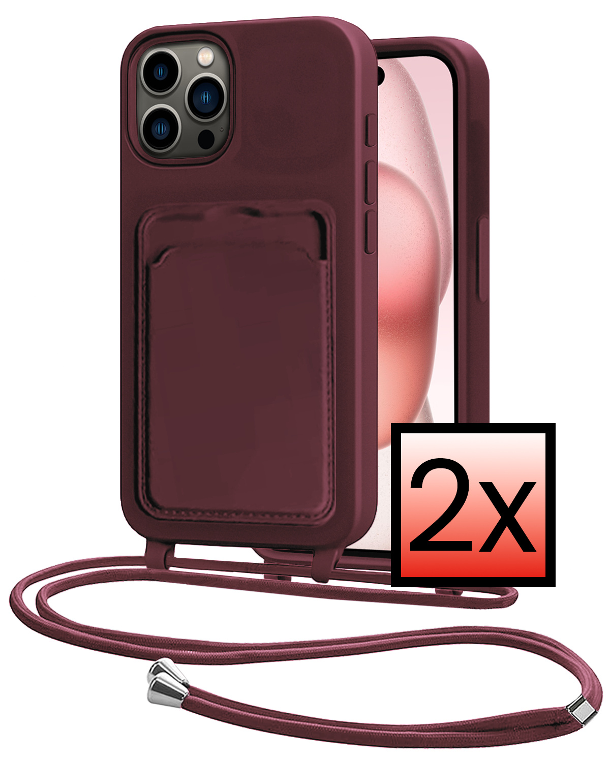 NoXx NoXx iPhone 15 Pro Hoesje Pashouder met Koord - Aubergine - 2 PACK