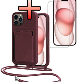 NoXx NoXx iPhone 15 Pro Hoesje Pashouder met Koord Met Screenprotector - Aubergine