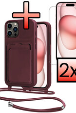 NoXx NoXx iPhone 15 Pro Hoesje Pashouder met Koord Met 2x Screenprotector - Aubergine
