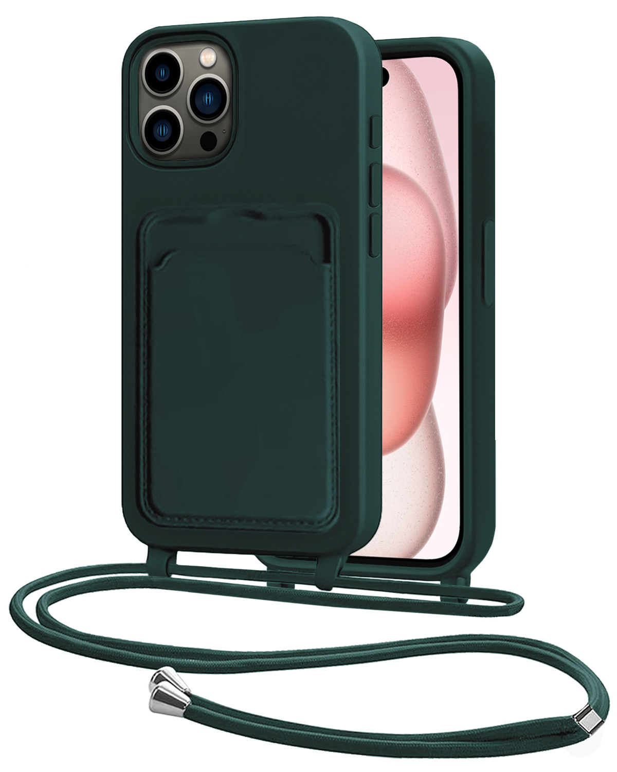 NoXx NoXx iPhone 15 Pro Hoesje Pashouder met Koord - Donkergroen
