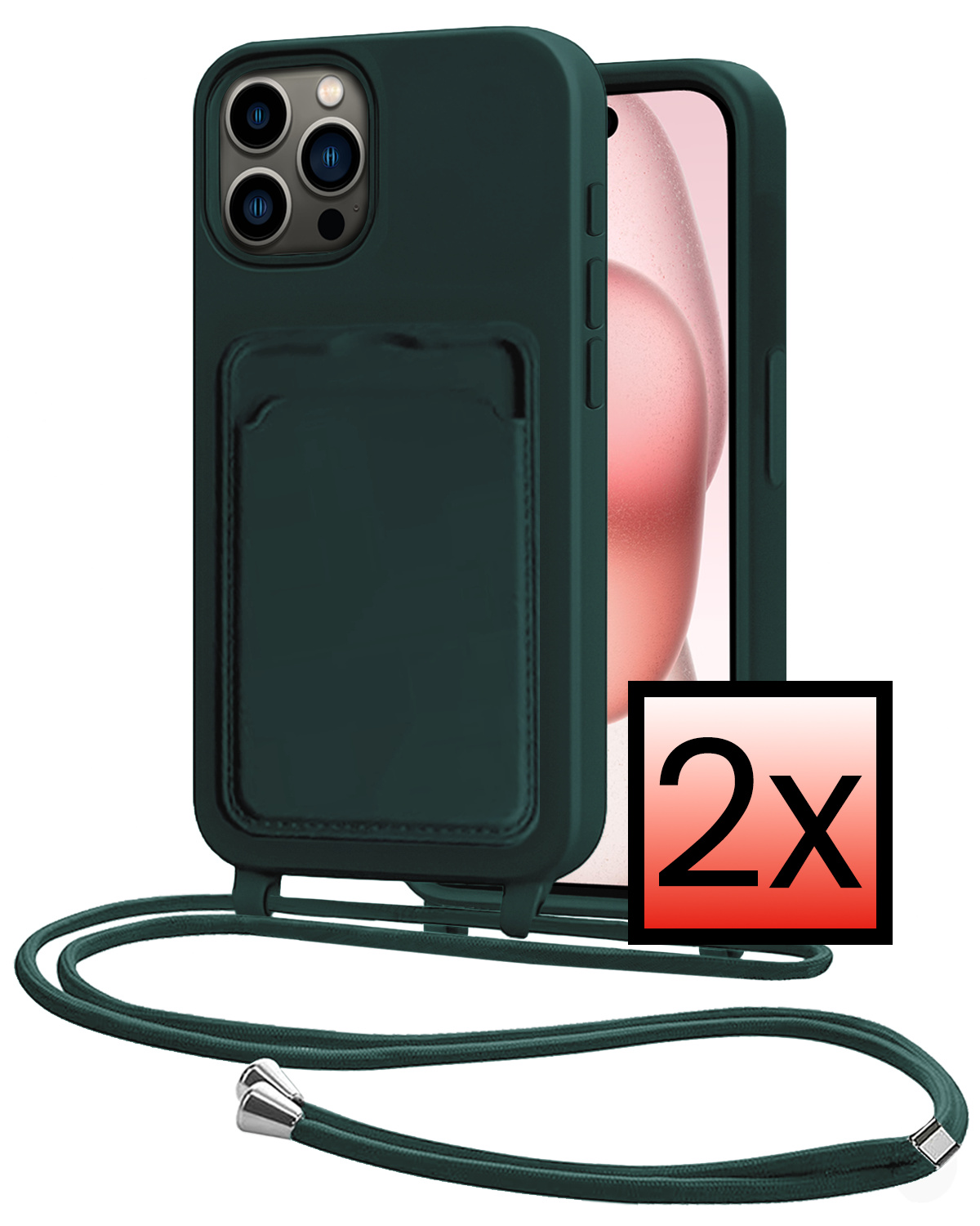 NoXx NoXx iPhone 15 Pro Hoesje Pashouder met Koord - Donkergroen - 2 PACK