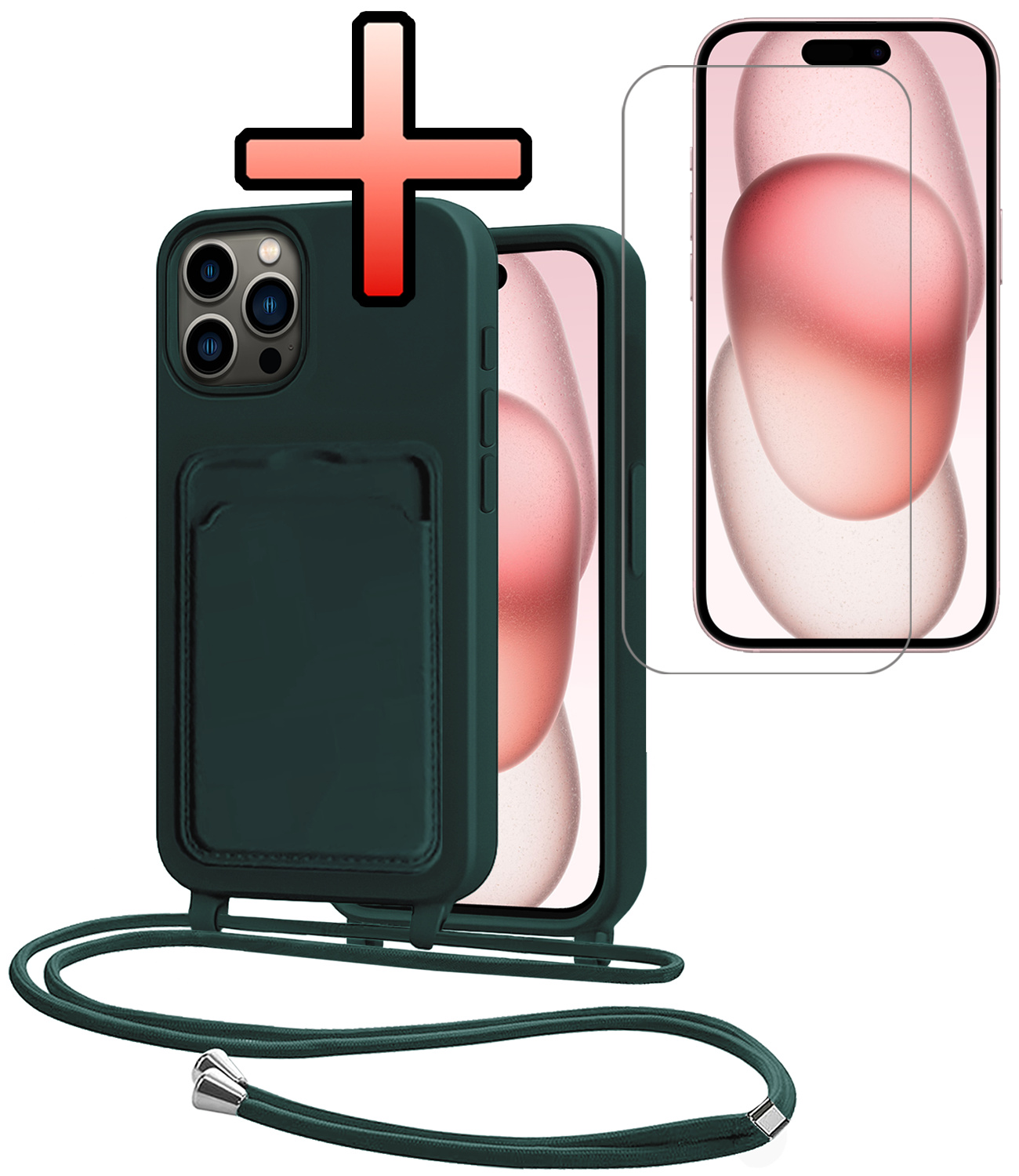 NoXx NoXx iPhone 15 Pro Hoesje Pashouder met Koord Met Screenprotector - Donkergroen