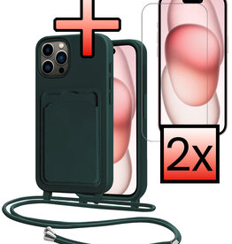 NoXx NoXx iPhone 15 Pro Hoesje Pashouder met Koord Met 2x Screenprotector - Donkergroen