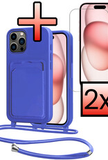 NoXx NoXx iPhone 15 Pro Hoesje Pashouder met Koord Met 2x Screenprotector - Fel Blauw