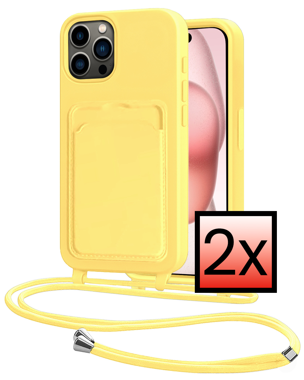 NoXx NoXx iPhone 15 Pro Hoesje Pashouder met Koord - Geel - 2 PACK