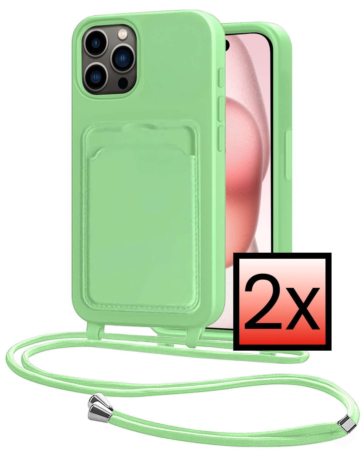 NoXx NoXx iPhone 15 Pro Hoesje Pashouder met Koord - Groen - 2 PACK