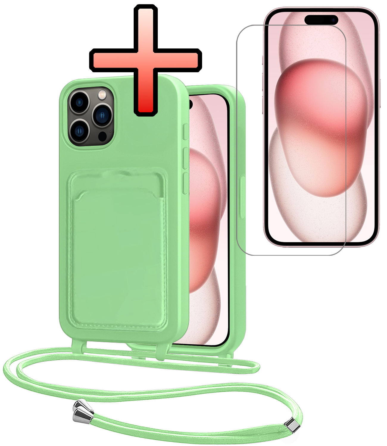 NoXx NoXx iPhone 15 Pro Hoesje Pashouder met Koord Met Screenprotector - Groen