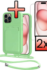 NoXx NoXx iPhone 15 Pro Hoesje Pashouder met Koord Met 2x Screenprotector - Groen