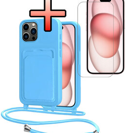 NoXx NoXx iPhone 15 Pro Hoesje Pashouder met Koord Met Screenprotector - Lichtblauw