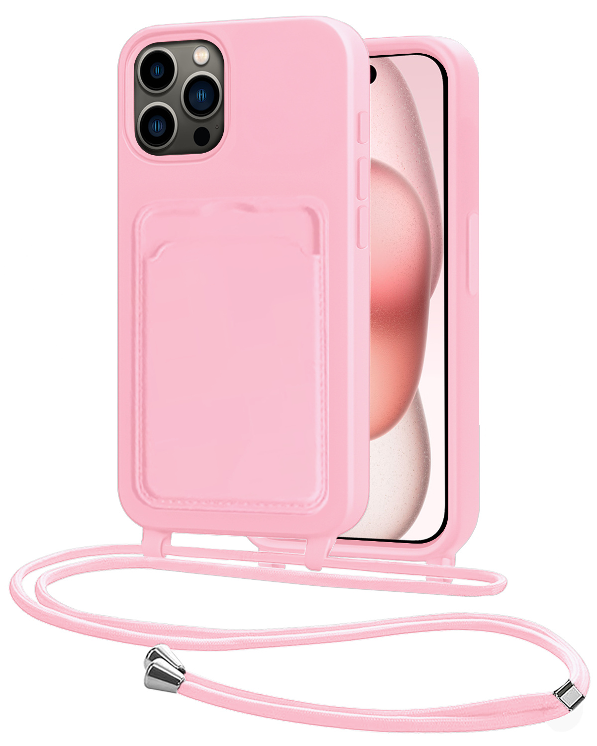 NoXx NoXx iPhone 15 Pro Hoesje Pashouder met Koord - Lichtroze