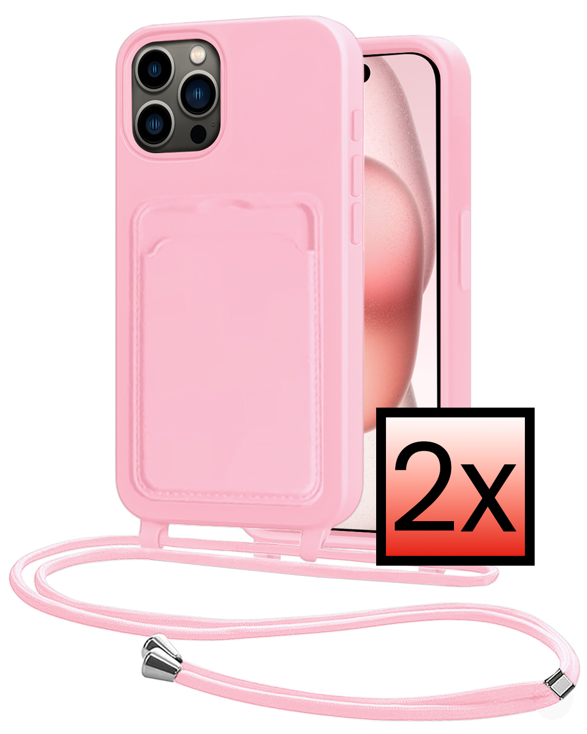 NoXx NoXx iPhone 15 Pro Hoesje Pashouder met Koord - Lichtroze - 2 PACK