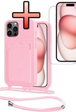 NoXx NoXx iPhone 15 Pro Hoesje Pashouder met Koord Met Screenprotector - Lichtroze