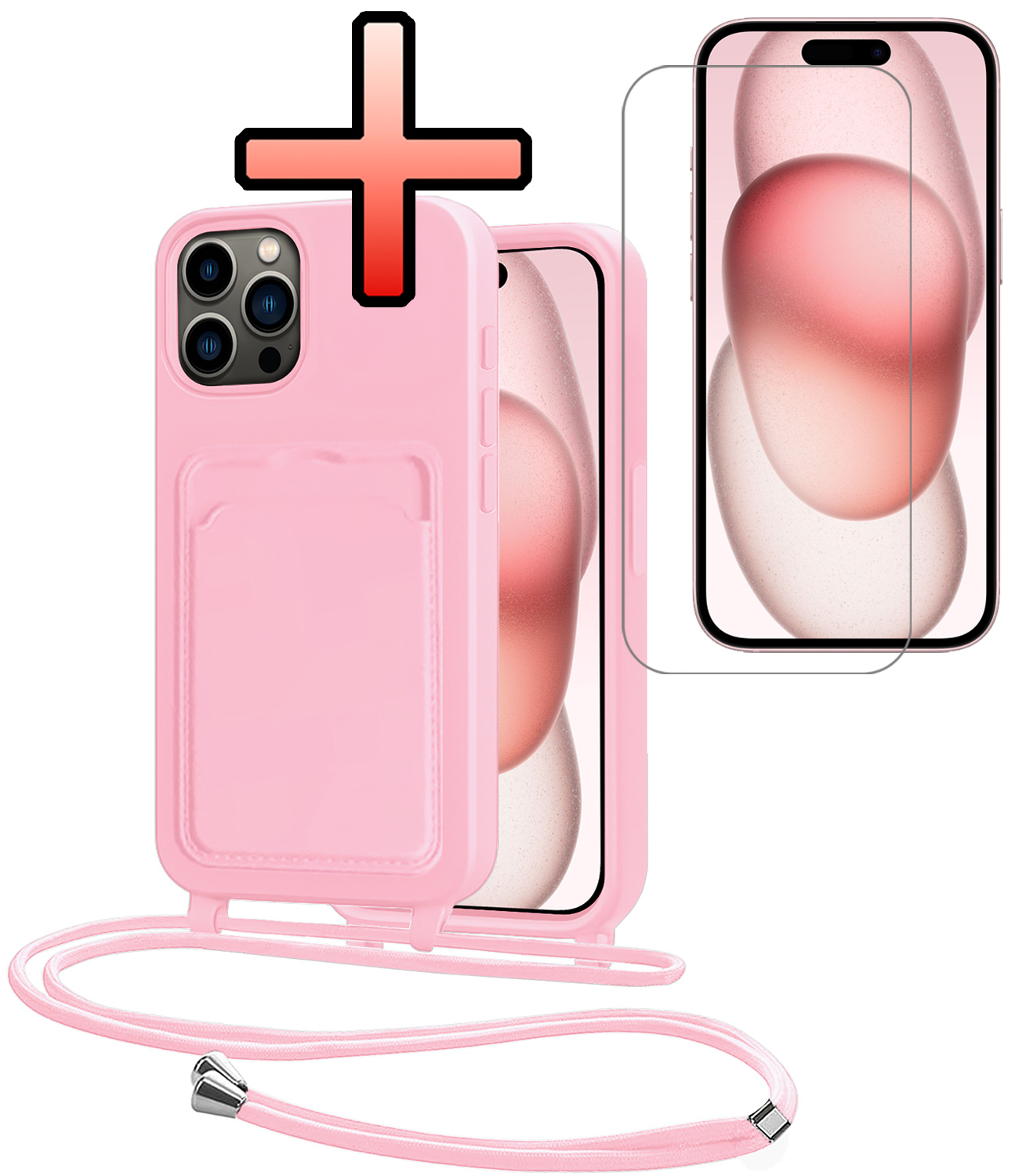 NoXx NoXx iPhone 15 Pro Hoesje Pashouder met Koord Met Screenprotector - Lichtroze