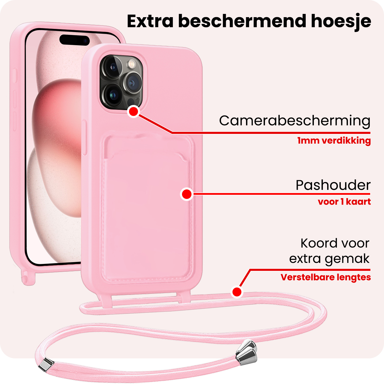 NoXx NoXx iPhone 15 Pro Hoesje Pashouder met Koord Met Screenprotector - Lichtroze