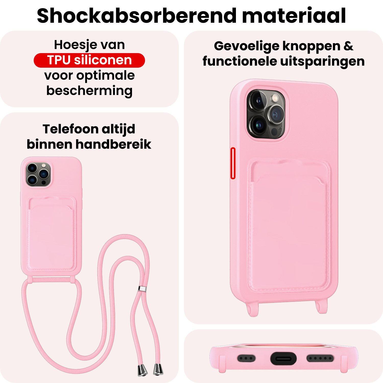 NoXx NoXx iPhone 15 Pro Hoesje Pashouder met Koord Met Screenprotector - Lichtroze
