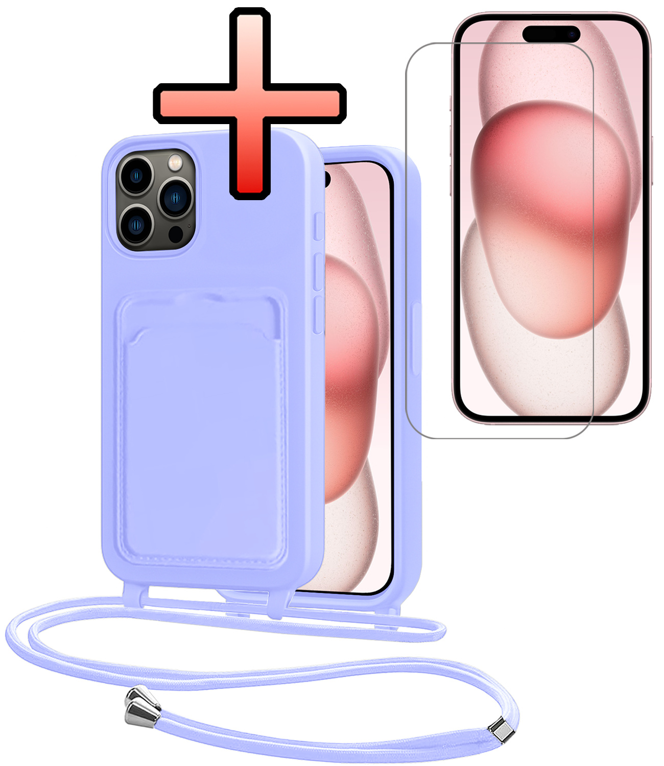 NoXx NoXx iPhone 15 Pro Hoesje Pashouder met Koord Met Screenprotector - Lila