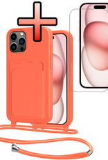 NoXx NoXx iPhone 15 Pro Hoesje Pashouder met Koord Met Screenprotector - Papaya