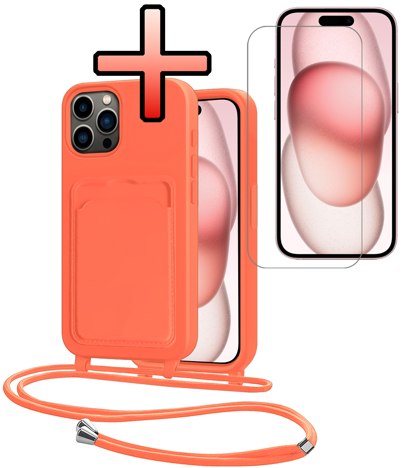 NoXx NoXx iPhone 15 Pro Hoesje Pashouder met Koord Met Screenprotector - Papaya