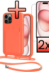 NoXx NoXx iPhone 15 Pro Hoesje Pashouder met Koord Met 2x Screenprotector - Papaya
