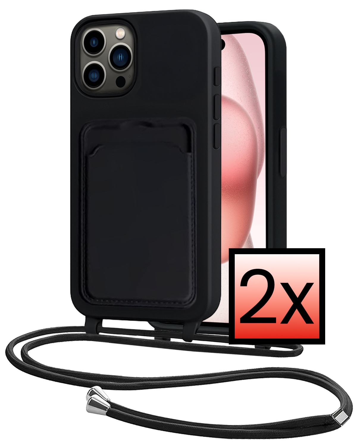 NoXx NoXx iPhone 15 Pro Hoesje Pashouder met Koord - Zwart - 2 PACK