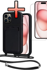 NoXx NoXx iPhone 15 Pro Hoesje Pashouder met Koord Met Screenprotector - Zwart