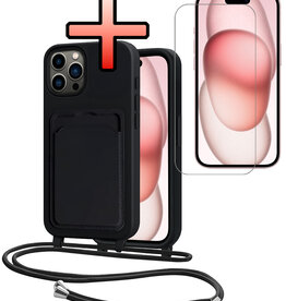 NoXx NoXx iPhone 15 Pro Hoesje Pashouder met Koord Met Screenprotector - Zwart