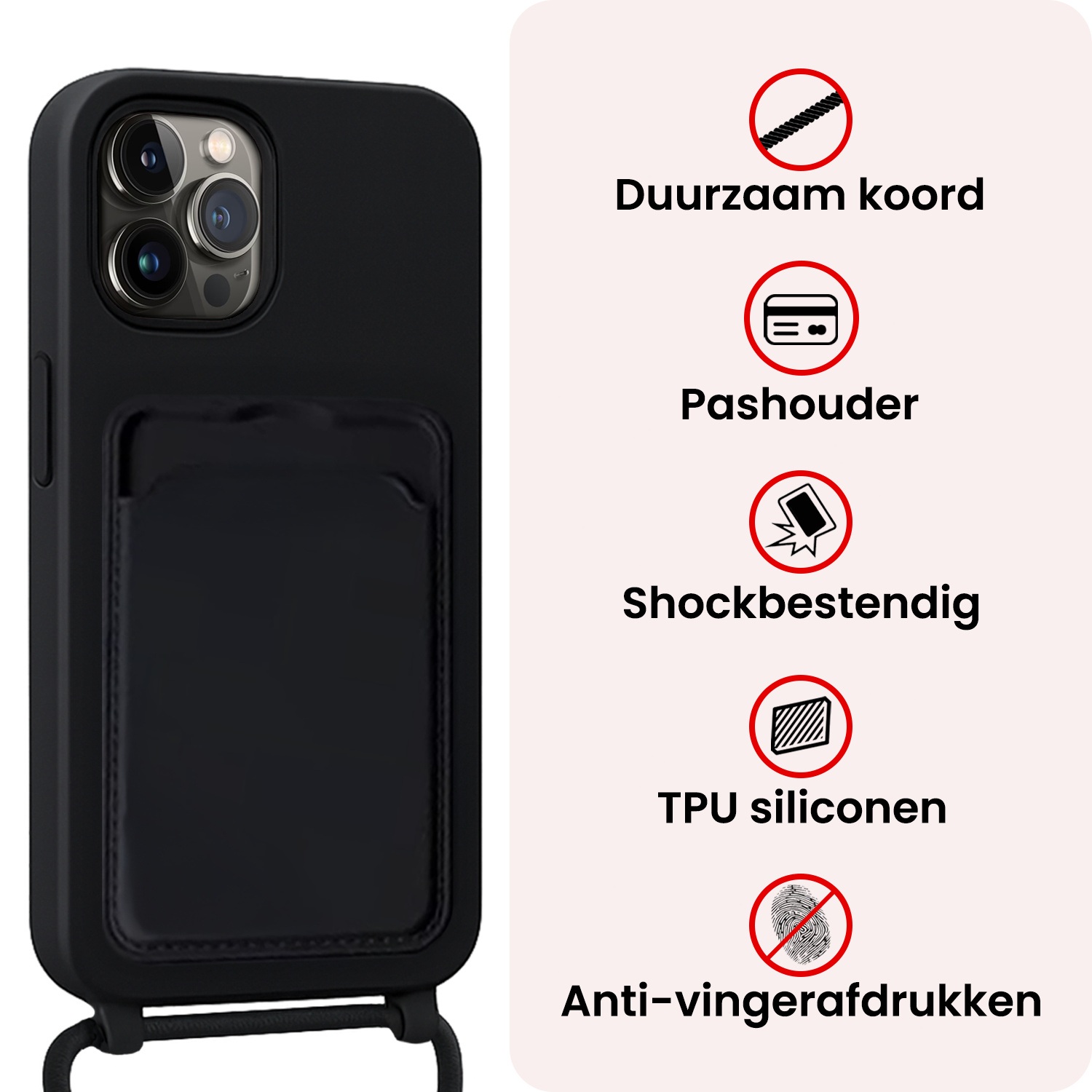 NoXx NoXx iPhone 15 Pro Hoesje Pashouder met Koord Met Screenprotector - Zwart