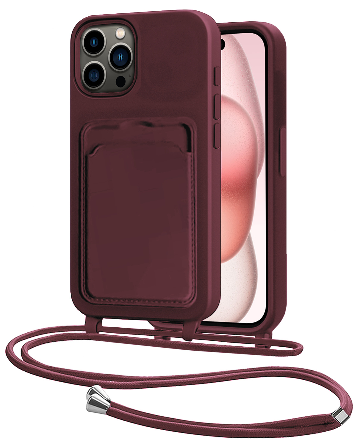 NoXx NoXx iPhone 15 Pro Max Hoesje Pashouder met Koord - Aubergine