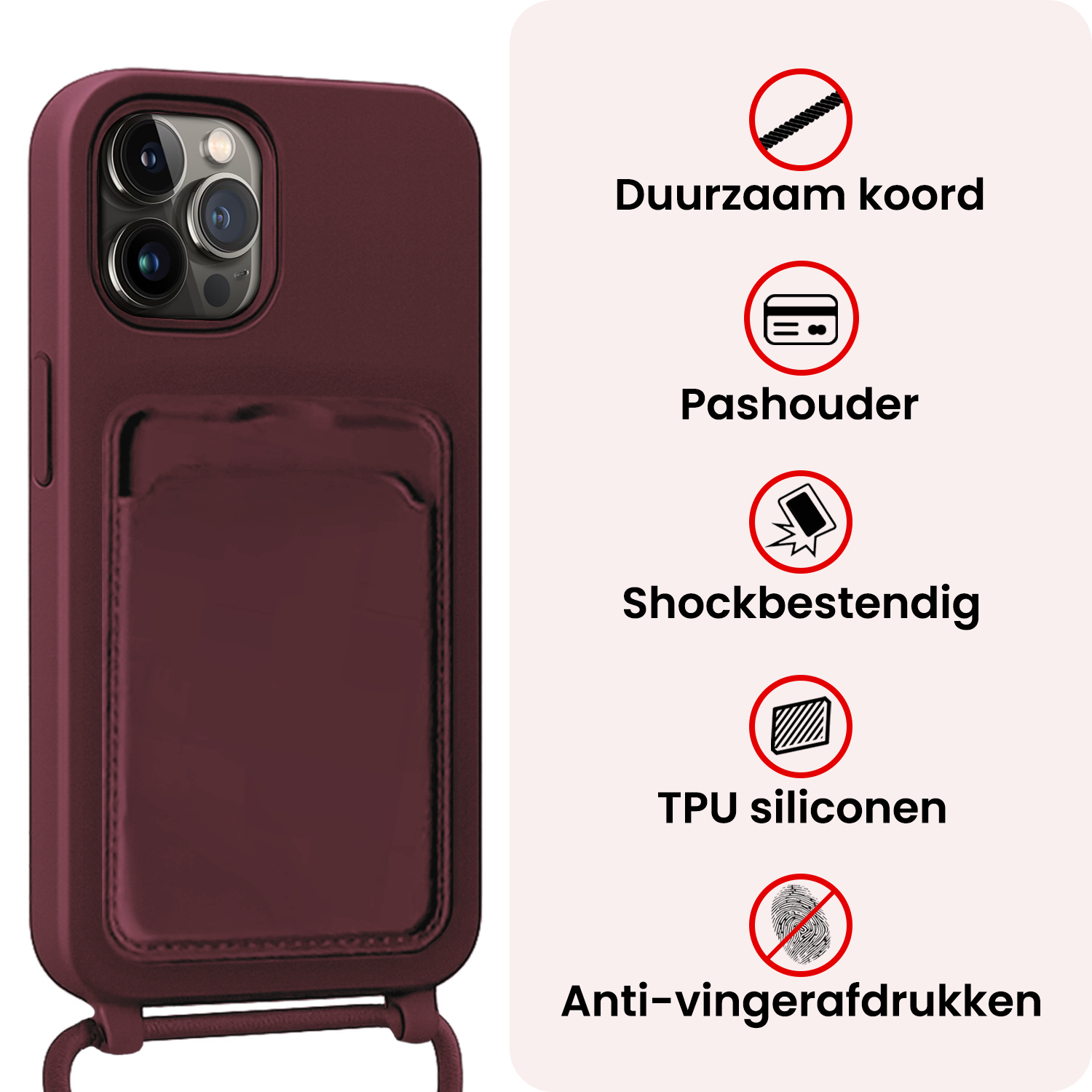 NoXx NoXx iPhone 15 Pro Max Hoesje Pashouder met Koord - Aubergine