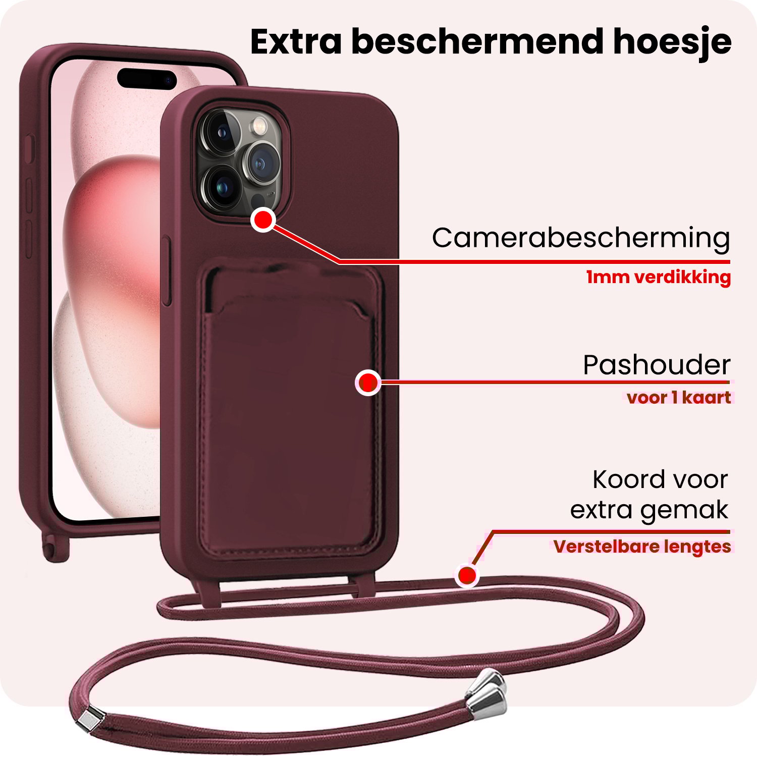 NoXx NoXx iPhone 15 Pro Max Hoesje Pashouder met Koord - Aubergine - 2 PACK